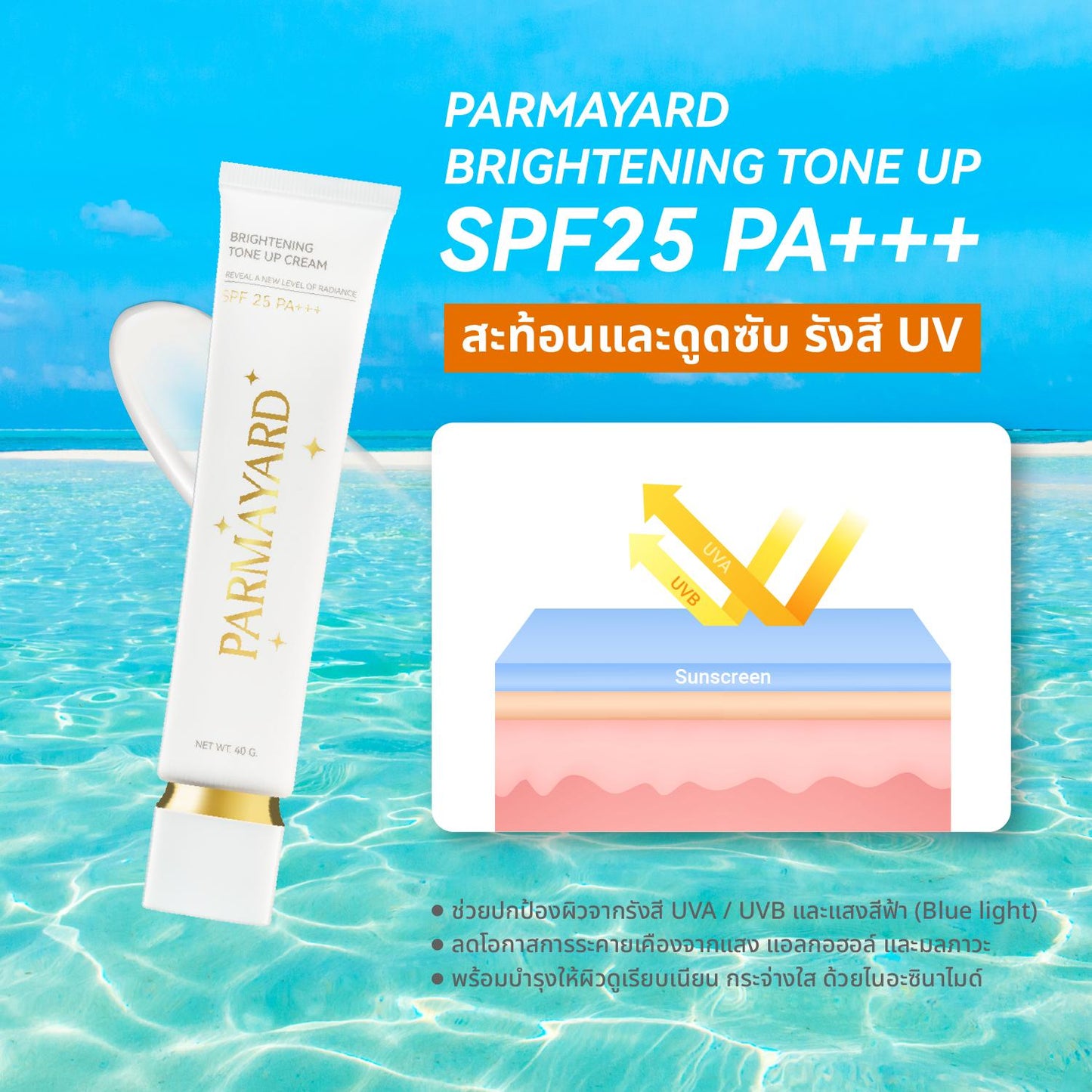 PARMAYARD Brightening Tone-Up Cream SPF25 PA+++ โทนอัพผิว บูสต์ผิวฉ่ำโกลว์ใน 1-2 ระดับ พร้อมกันแดดผิวหน้า สกินแคร์ 40 กรัม